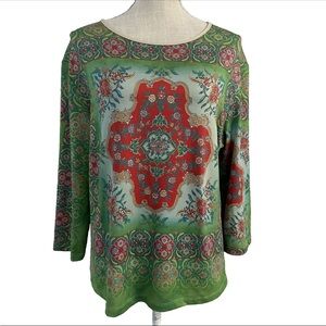 DB Sport Top 3/4 Sleeve Printed Top Size Large Green Floral